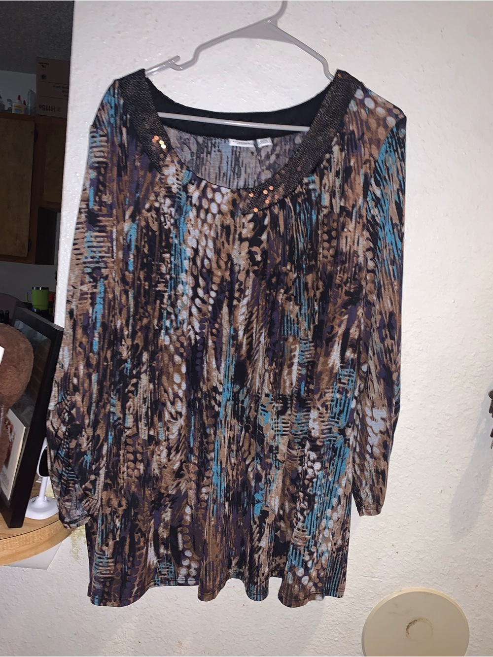 Cato Brown and Teal Printed Scoop Neck Blouse with Sequin Trim